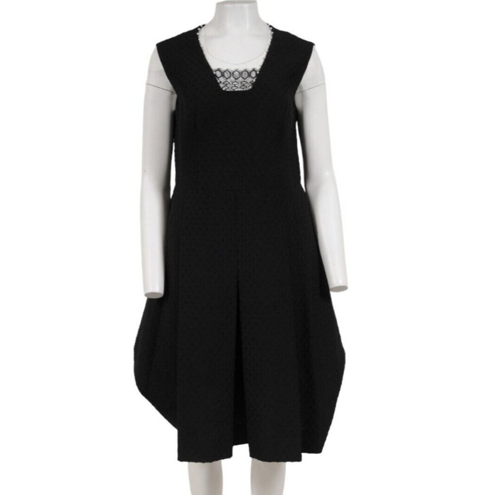 Lela Rose Womens Lace Pearl Trim Flare Dress US 12 Black Pleated Cotton Poly
